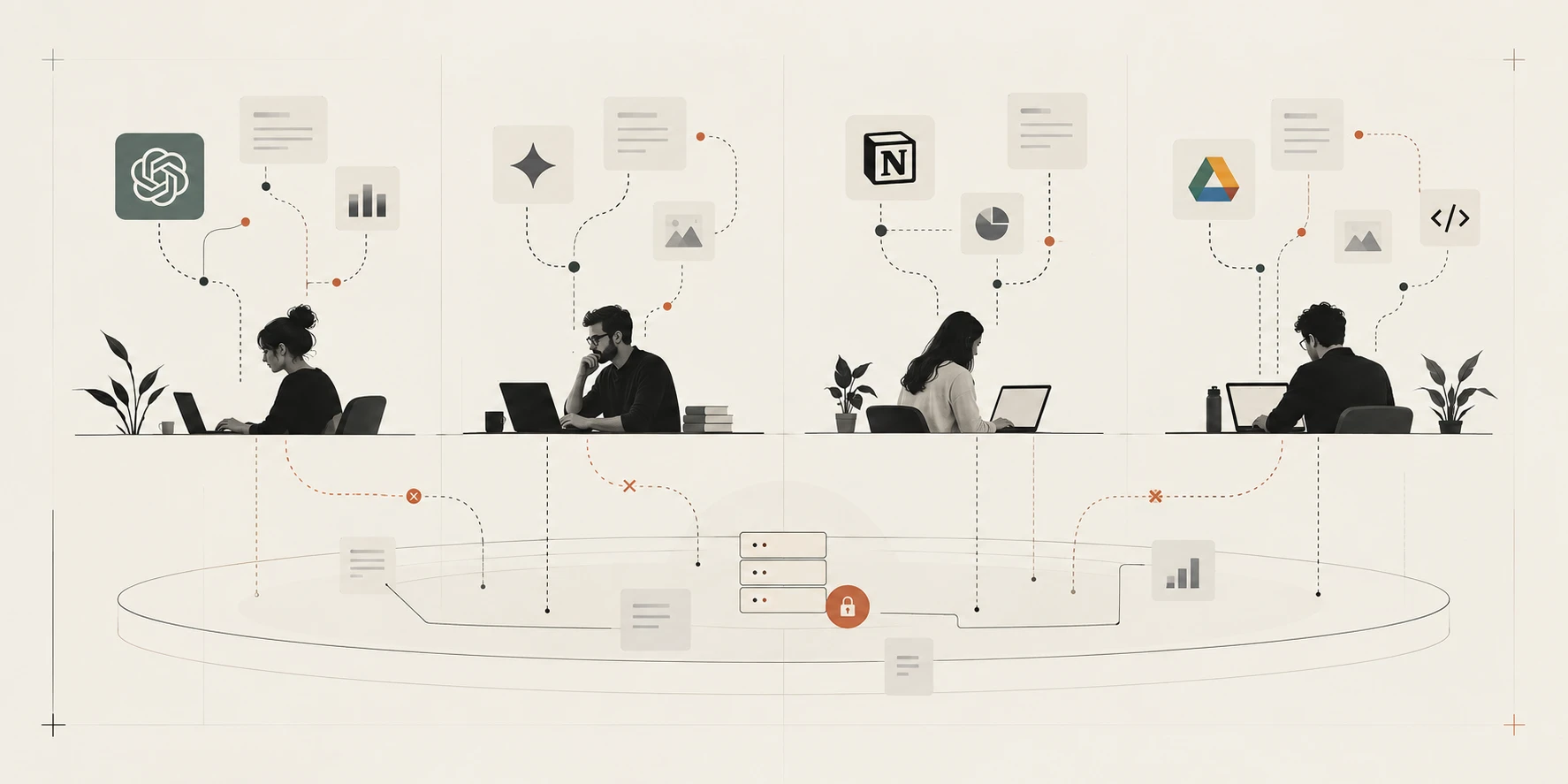 Four people work at laptops, each with their own AI tools and documents floating above them. Dotted lines run down towards a shared company data layer below, but each one is broken by a cross before it arrives, so nothing they produce reaches the business.